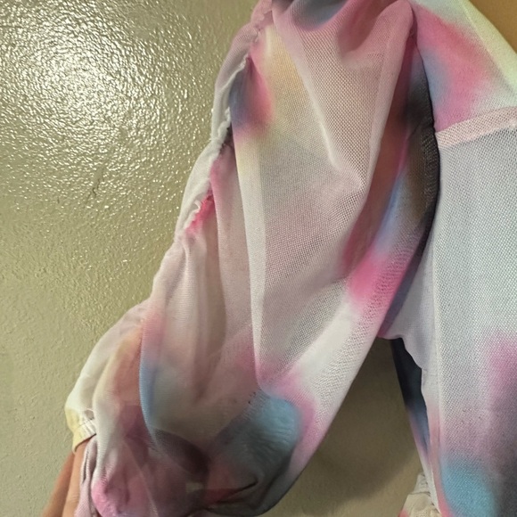 Topshop Floral Spray Paint Pink and Blue Mini Tea Dress with Ruffled Sleeves - Picture 3 of 9